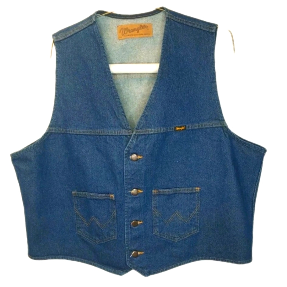 Vtg Wrangler Patch Pocket Blue Jean Vest 2X Denim Biker Rockabilly Rodeo Cowboy